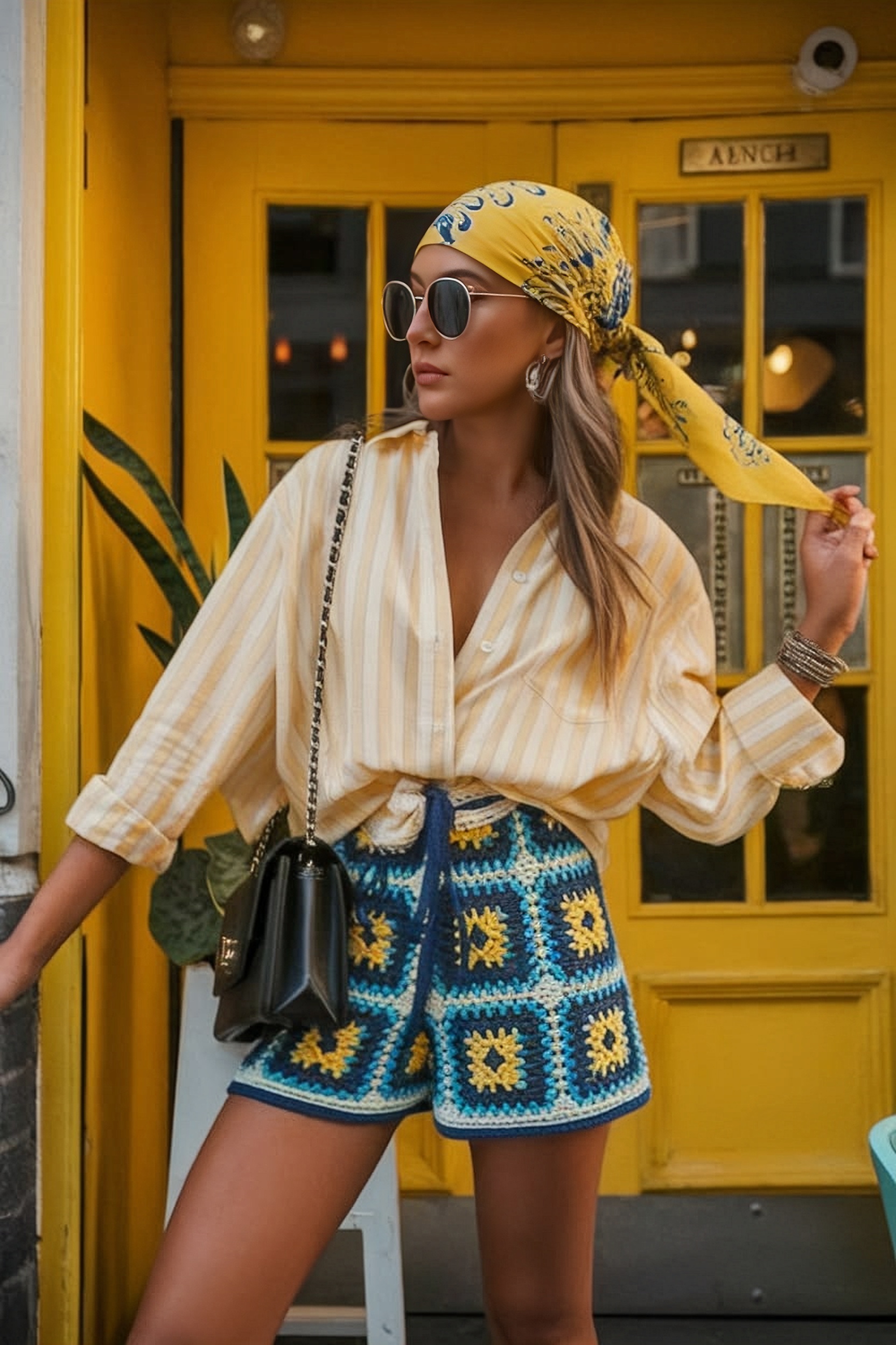 Woman in a striped shirt, yellow headscarf and crochet shorts