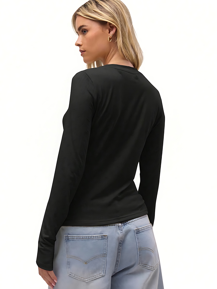 Women's Black Pointelle Knit Henley Top