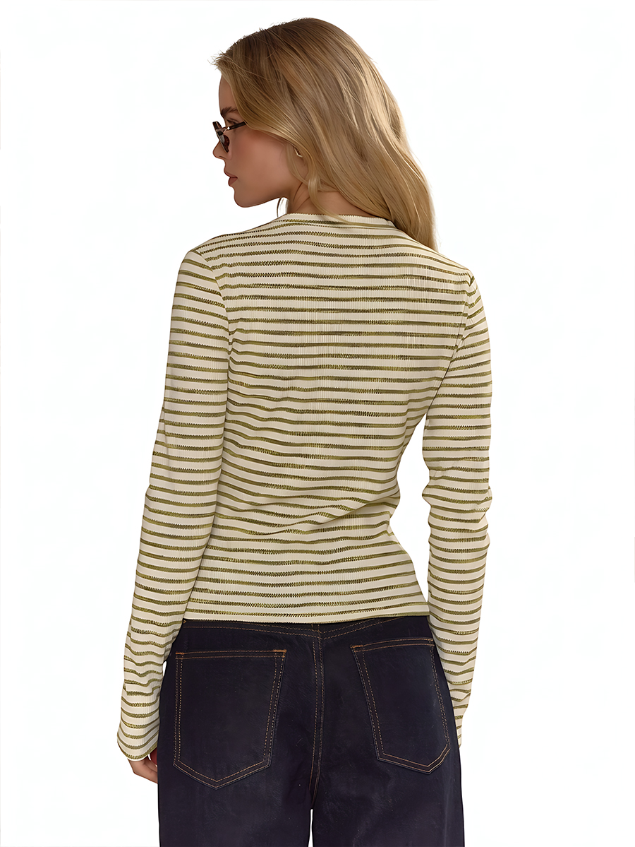 Women's Green Striped Rib Knit Button-Front Top