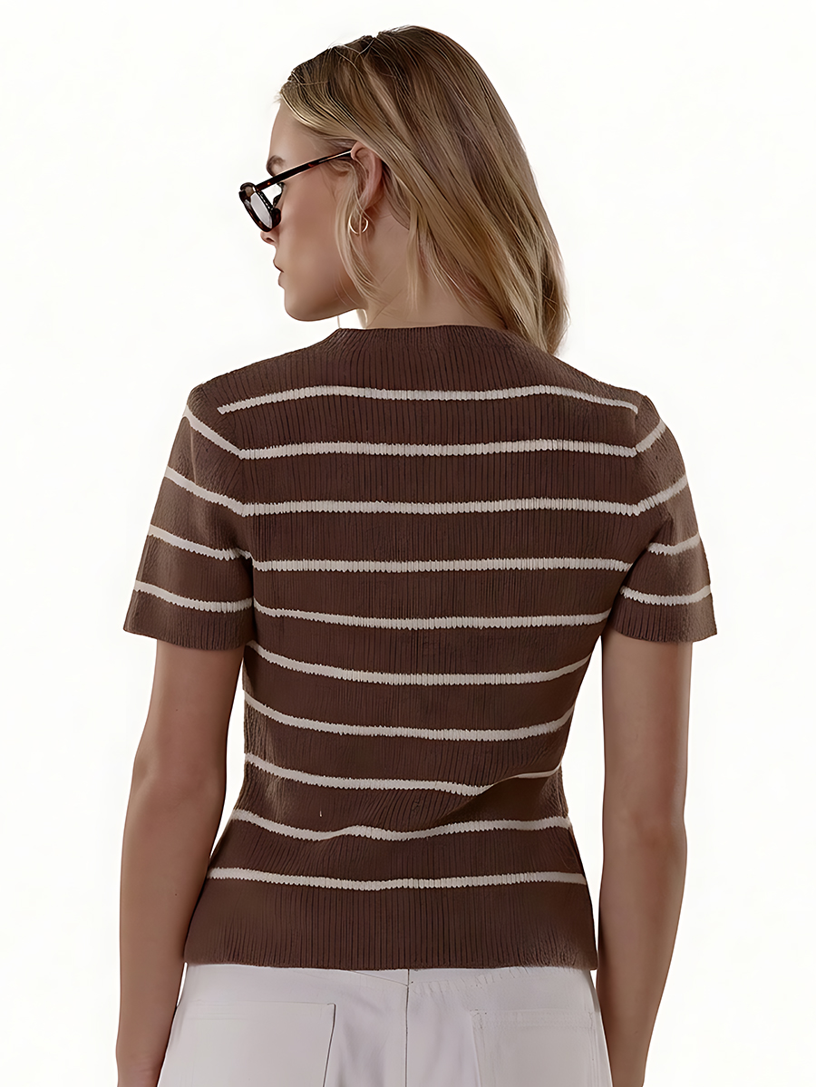 Women's Chocolate Brown Striped Knit Short Sleeve Cardigan