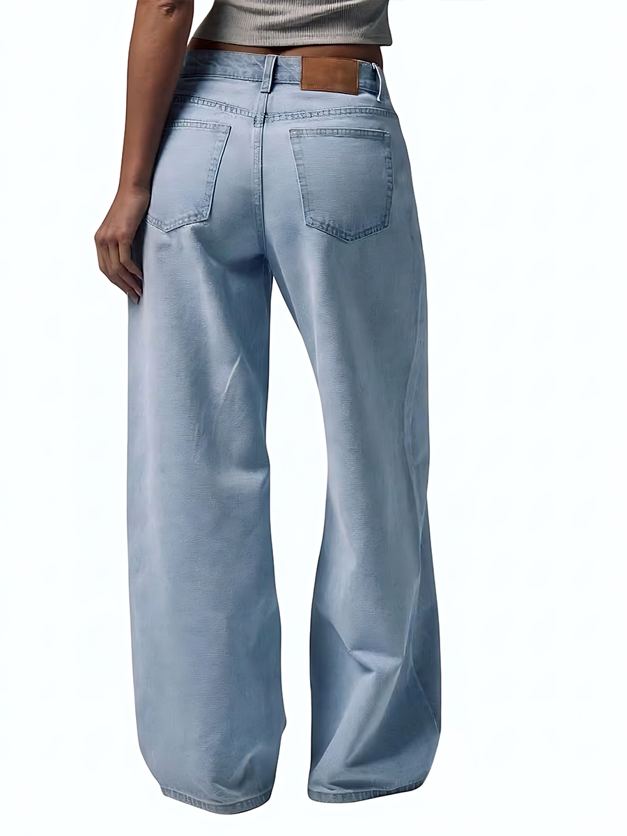 Women's Light Blue Wide Leg Jeans with Silver Button Detail