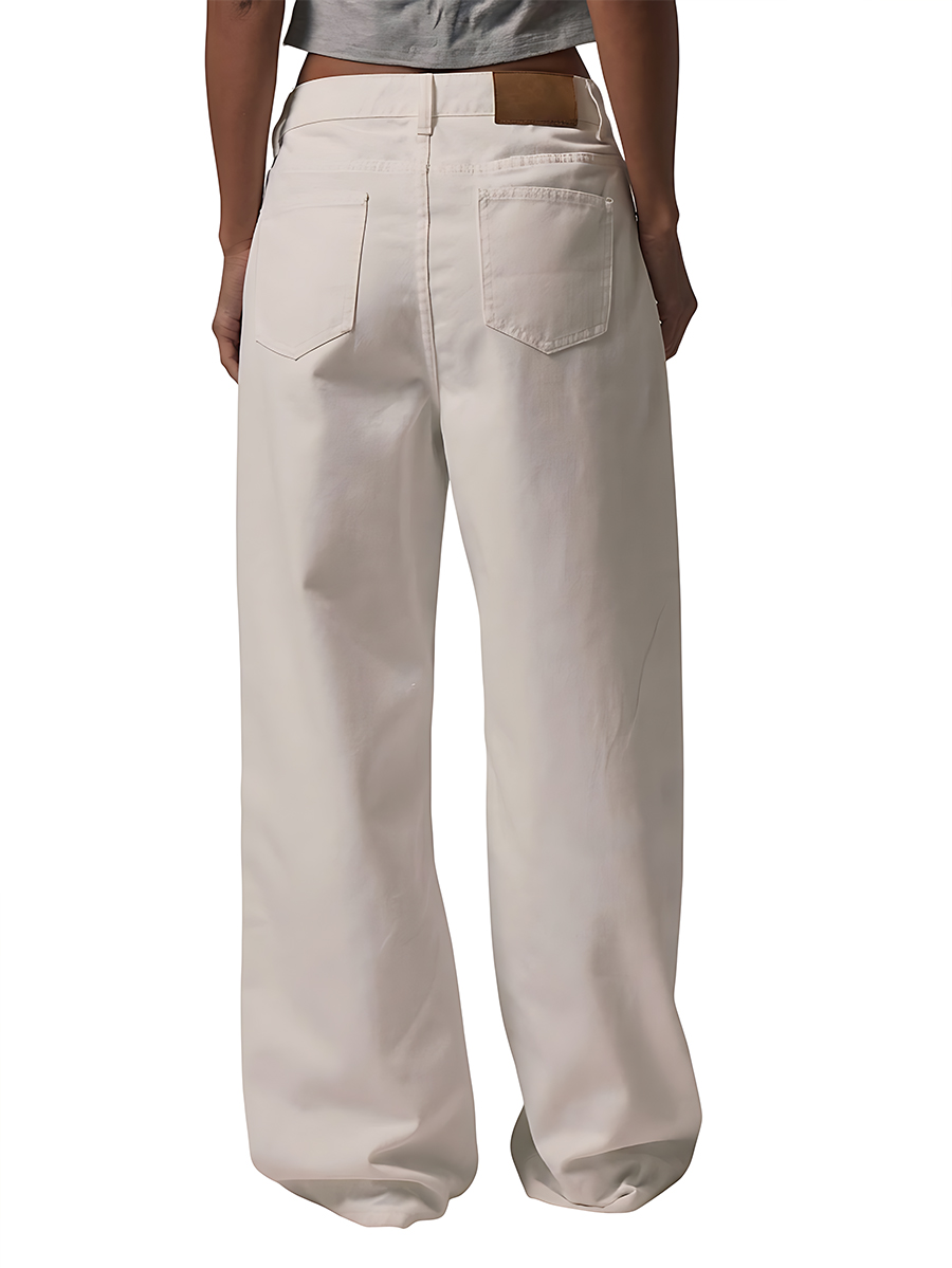 Women's White Asymmetric Waistband Straight Leg Jeans
