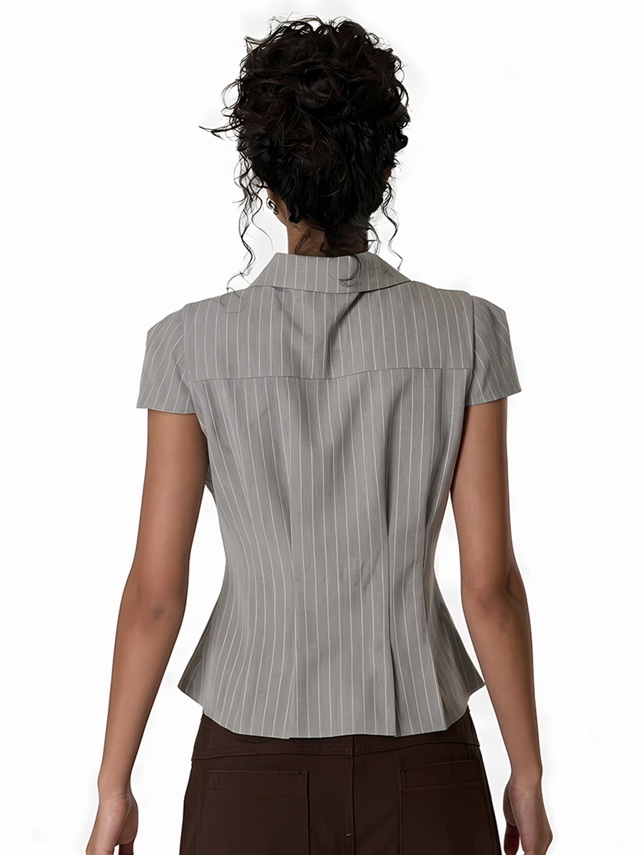 Women's Gray Pinstripe Petal Sleeve Shirt with Cinched Waist