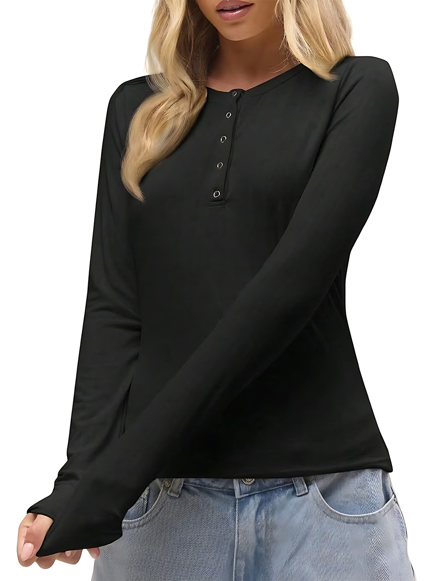 Women's Black Pointelle Knit Henley Top