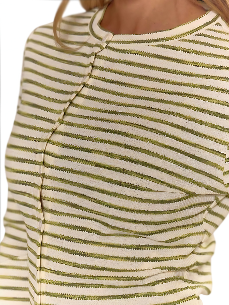Women's Green Striped Rib Knit Button-Front Top