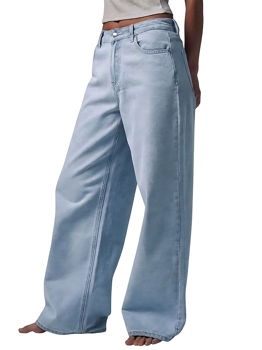 Women's Light Blue Wide Leg Jeans with Silver Button Detail