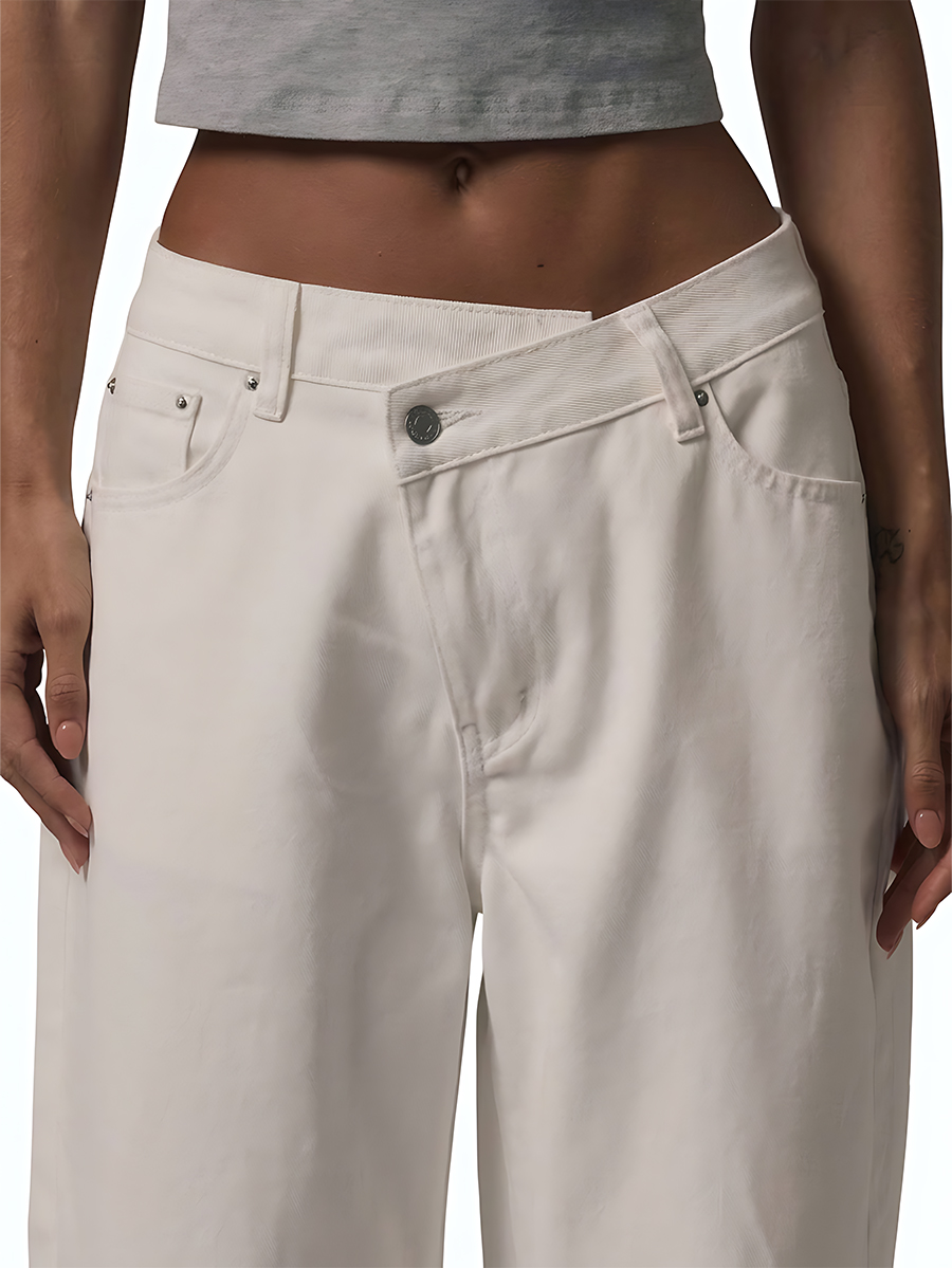 Women's White Asymmetric Waistband Straight Leg Jeans