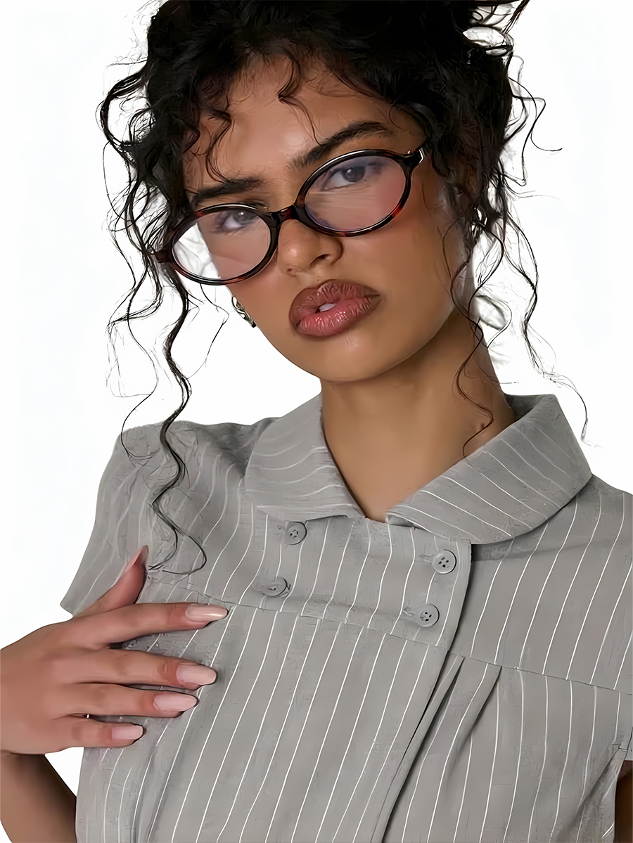 Women's Gray Pinstripe Petal Sleeve Shirt with Cinched Waist