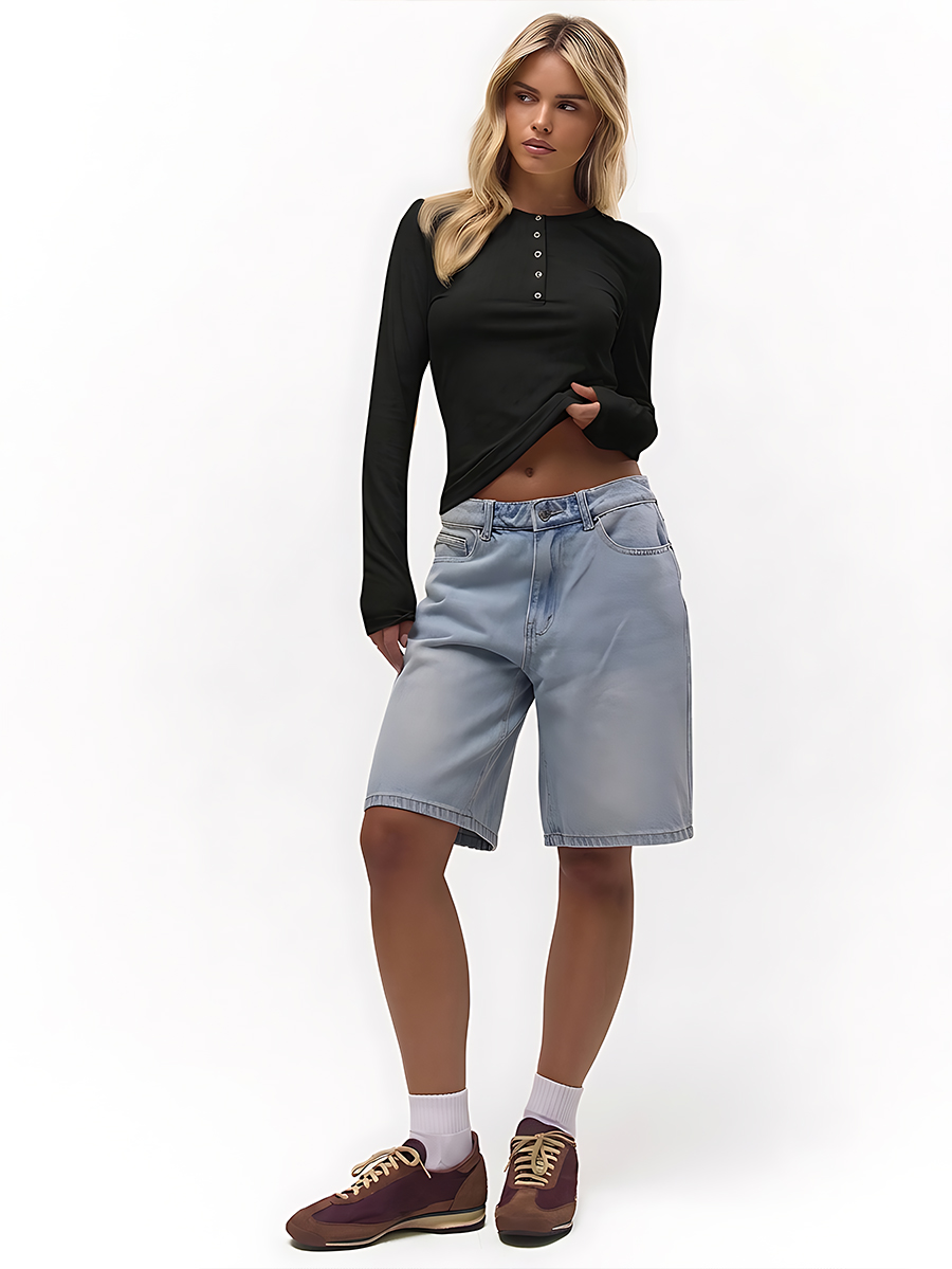 Women's Black Pointelle Knit Henley Top