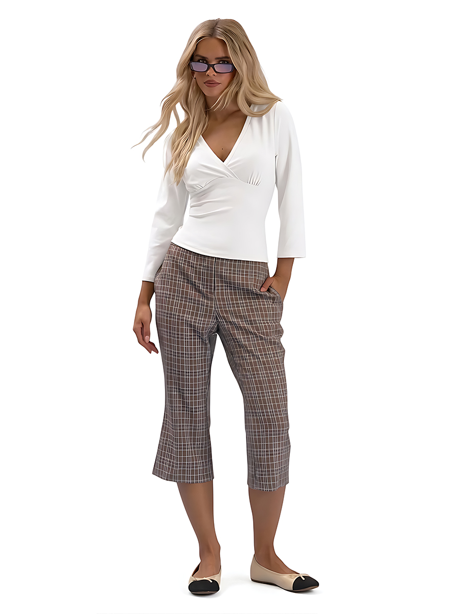 Women's White 3/4 Sleeve Surplice V-Neck Top with Ruched Bust