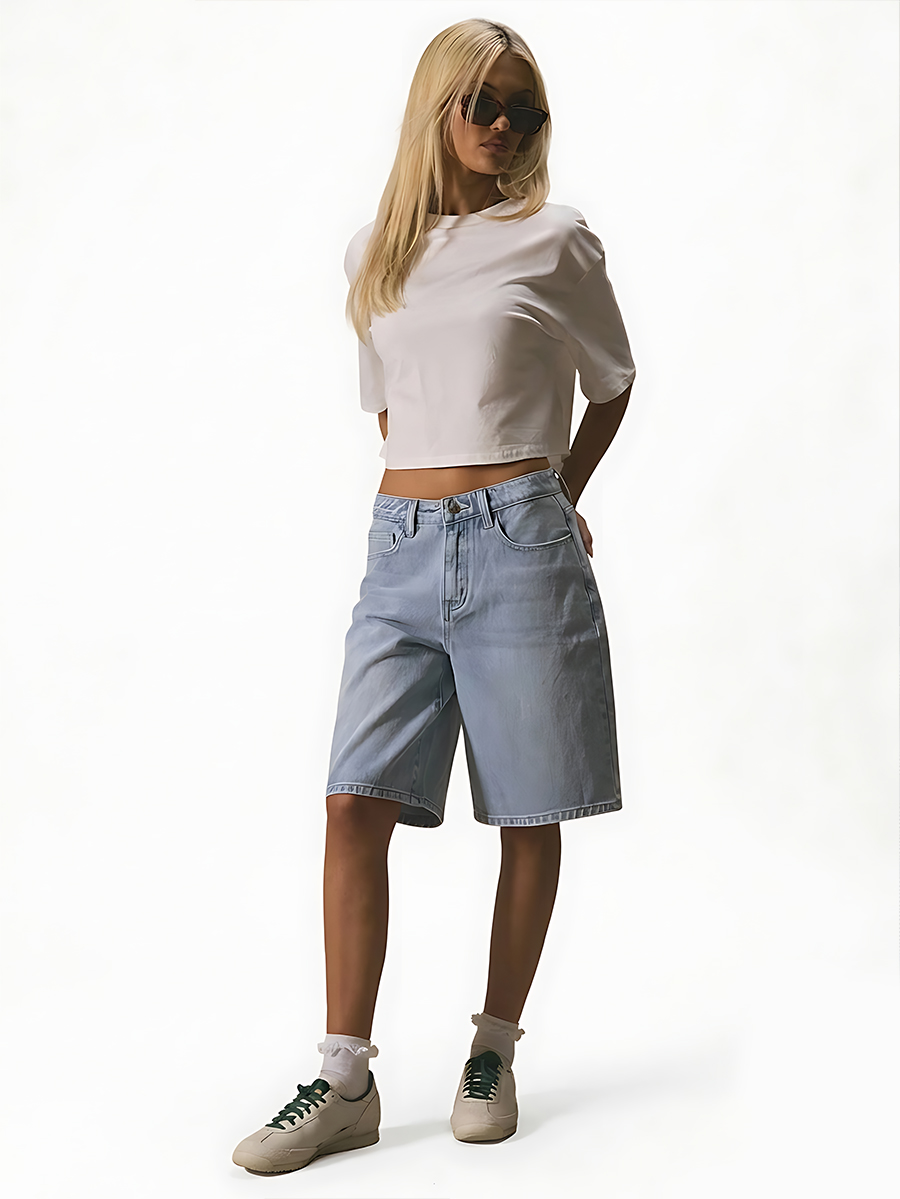 Women's Light Blue Longline Denim Shorts