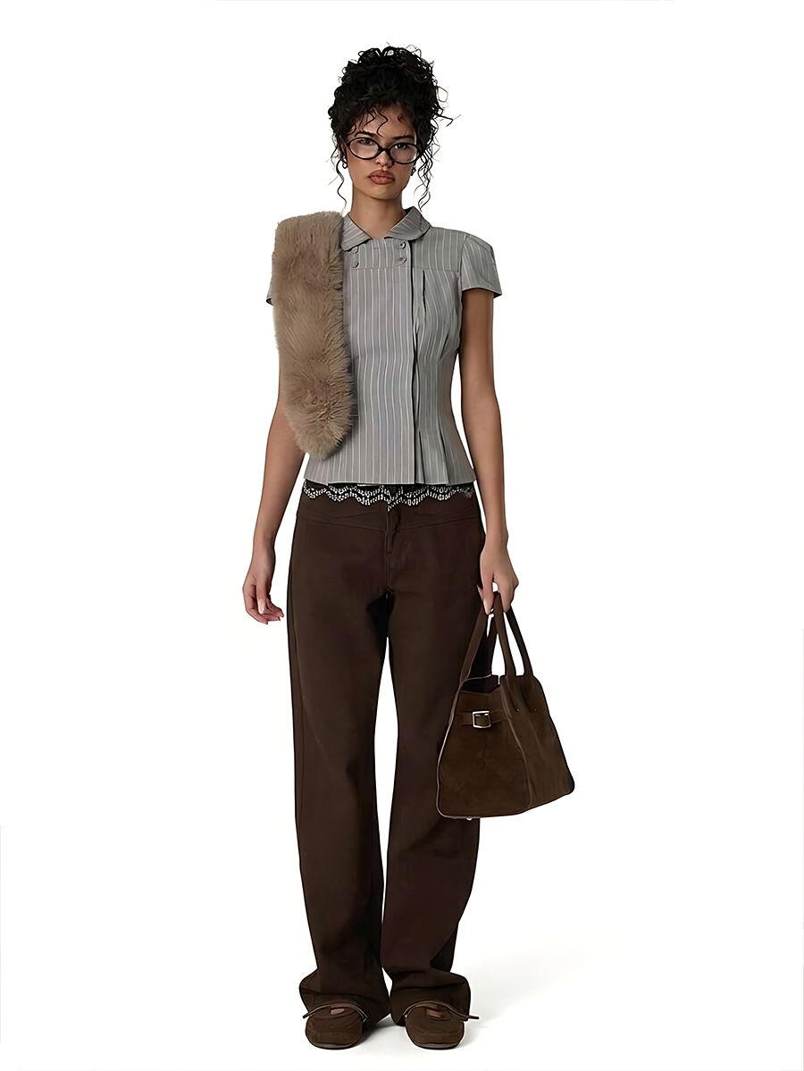 Women's Gray Pinstripe Petal Sleeve Shirt with Cinched Waist